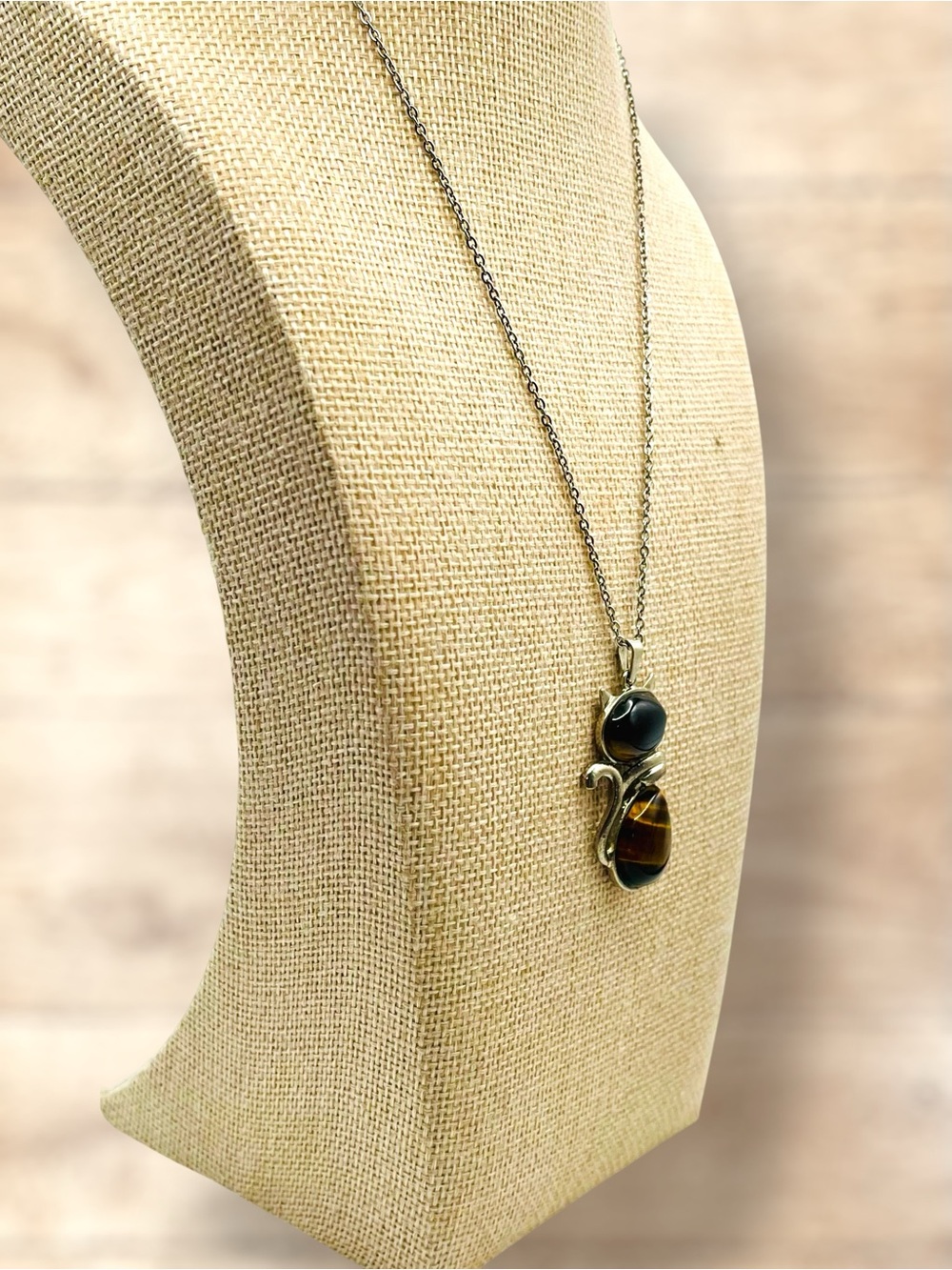 Cute Tiger Eye Natural Stone Cat Kitten Pendant Necklace Silver Tone - Picture 4 of 16